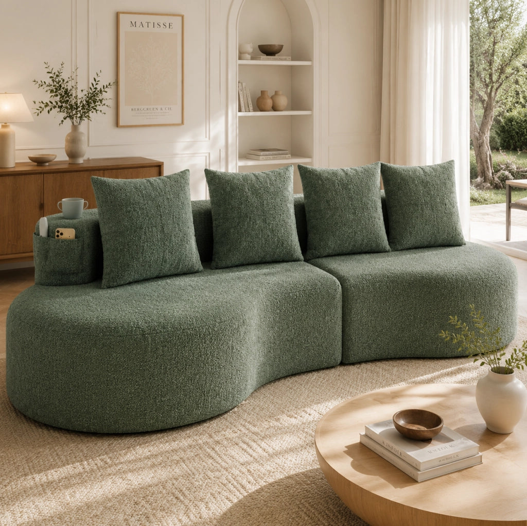 Divano ULEVR 240x109x60 cm in lino verde con 4 cuscini, portabicchieri e tasche laterali