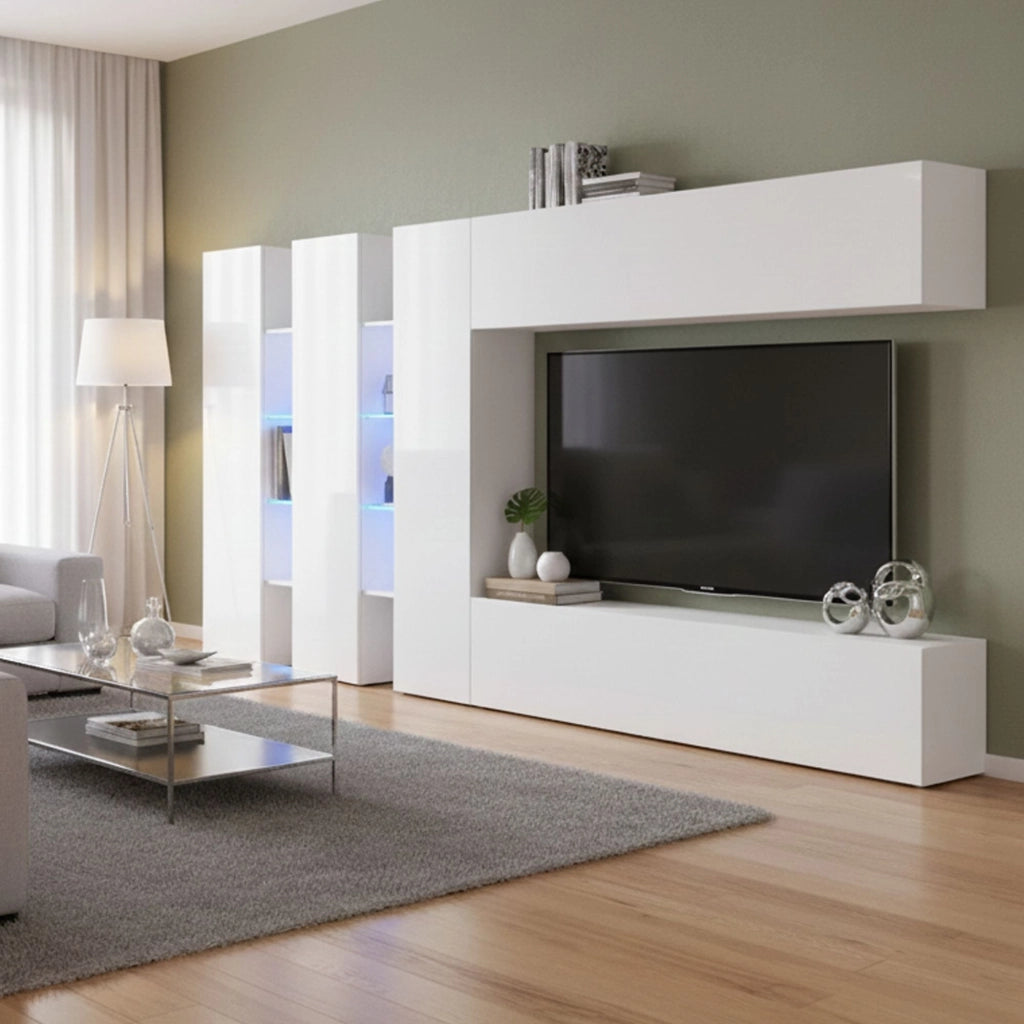 Parete attrezzata Carretto, Set salotto porta TV a 5 ante, Mobile soggiorno multiuso, 100% Made in Italy, cm 340x30h180, Bianco lucido