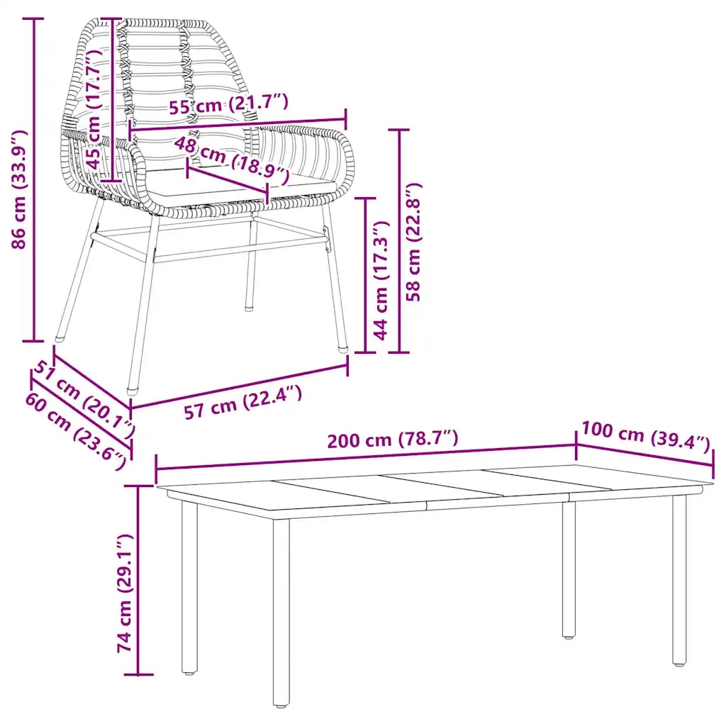 Set da Pranzo da Giardino 9 pz con Cuscini Polyrattan Vetro