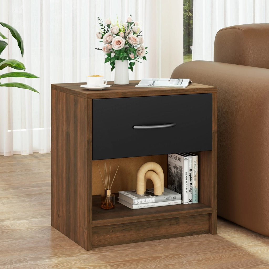 Comodino con cassetto ripiano apertoper soggiorno camera da letto-Tavolino da notte compatto per piccoli spazi Marrone
