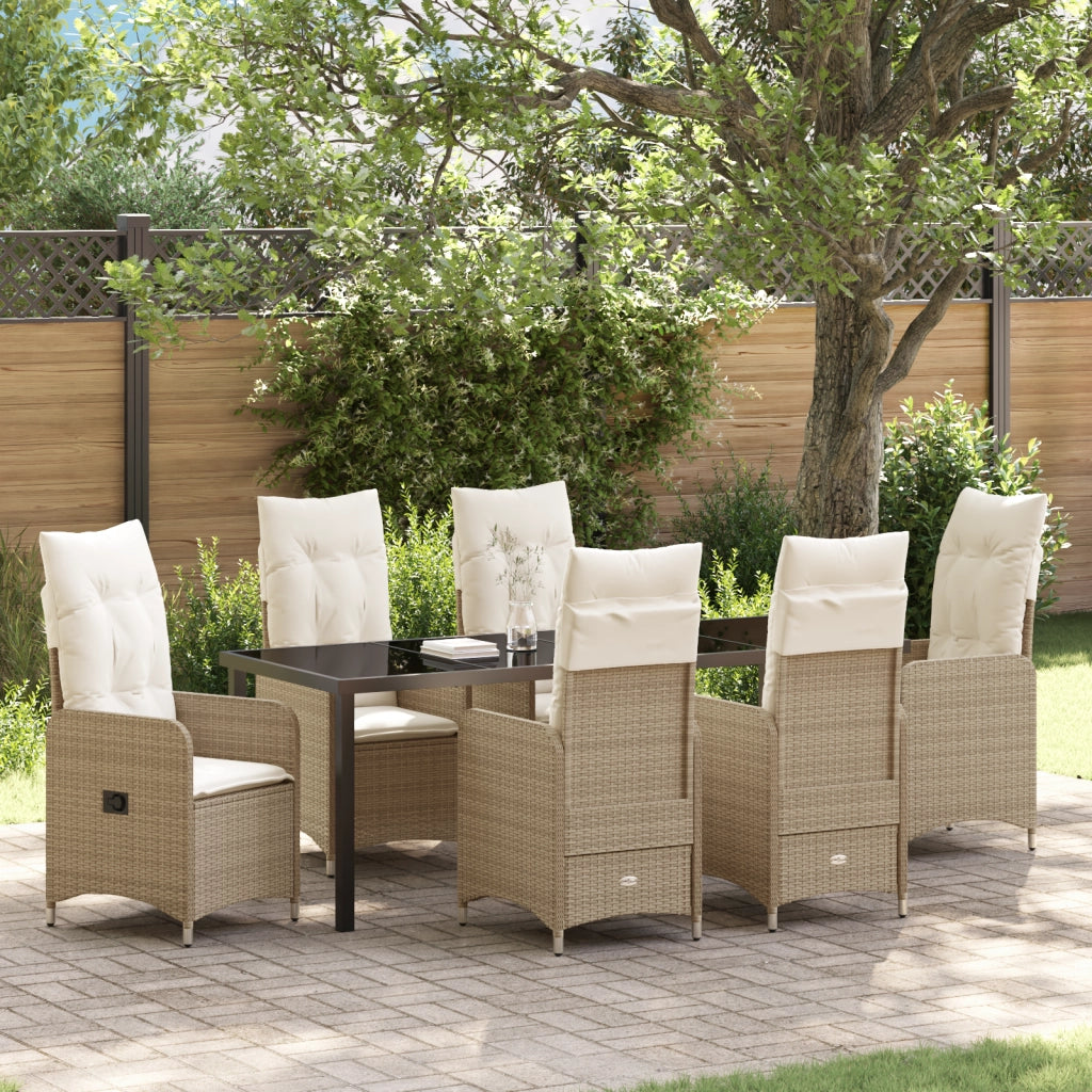 Set da Pranzo per Giardino 7 Pezzi con Cuscini Beige in Polyrattan