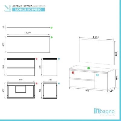 Mobile bagno sospeso 120 cm bianco opaco con due cassetti anta e specchio tondo Master
