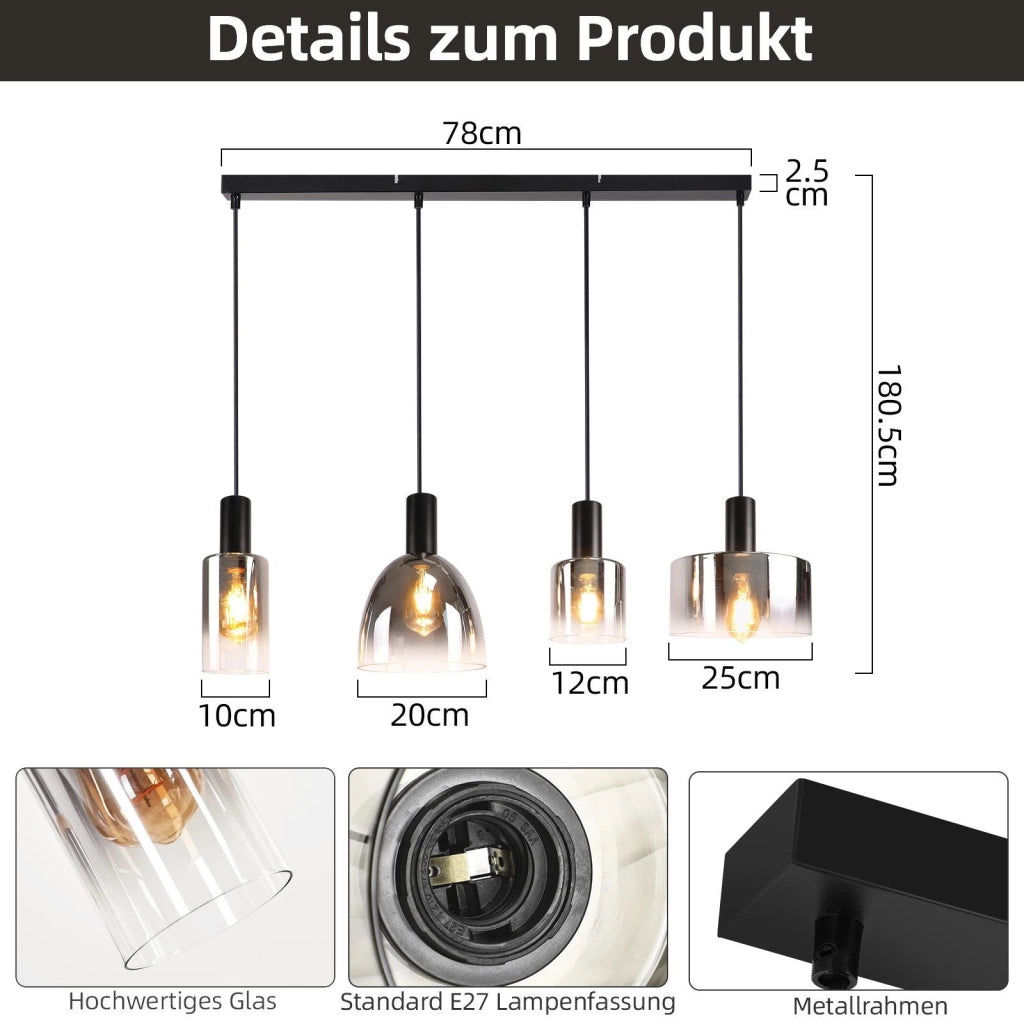 ZMH Lampada a Sospensione 4 Luci E27 Vintage Vetro Fum¨¦ Altezza Regolabile per Camera Cucina Senza Lampadina
