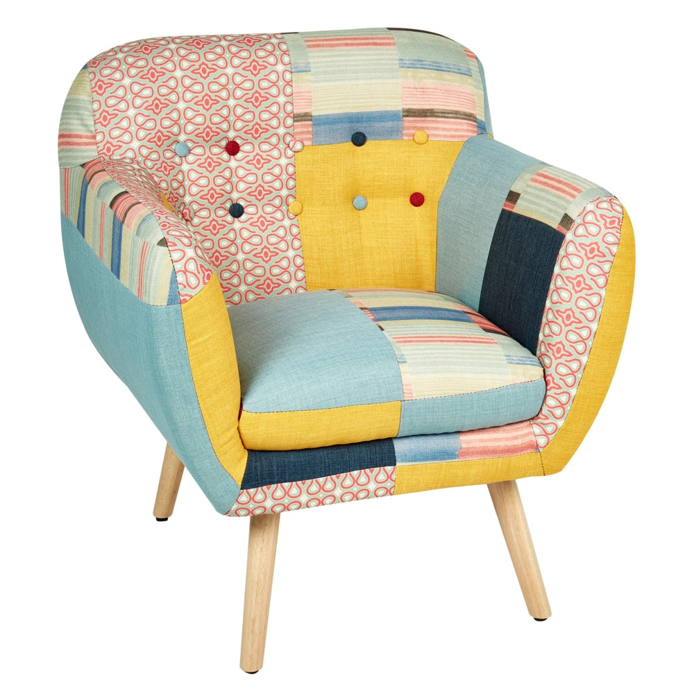 Poltrona Multicolore Tessuto Patchwork Tappezzeria Con Bottoni Retro Sedia Club Stile Retrò