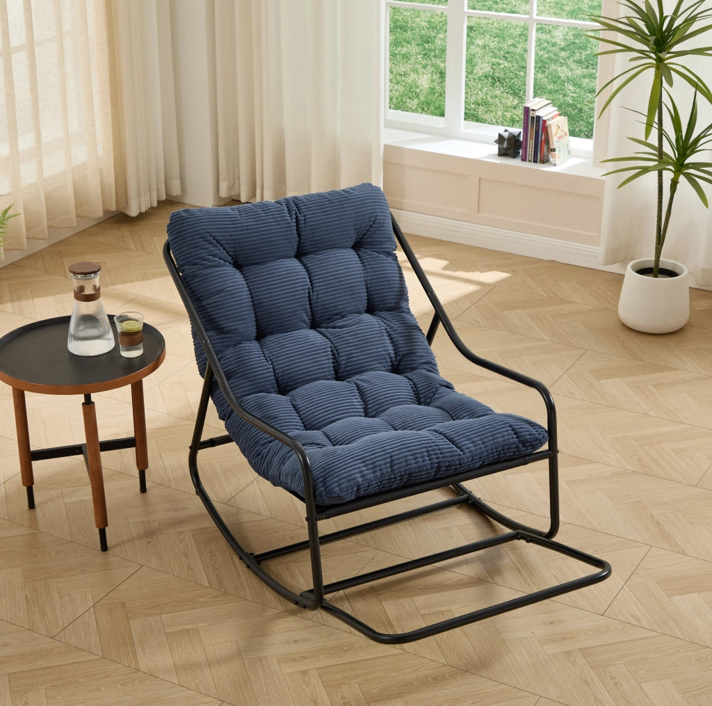 Sedia a dondolo da esterno in acciaio 75x116x82 cm con cuscino spesso in velluto a coste blu navy