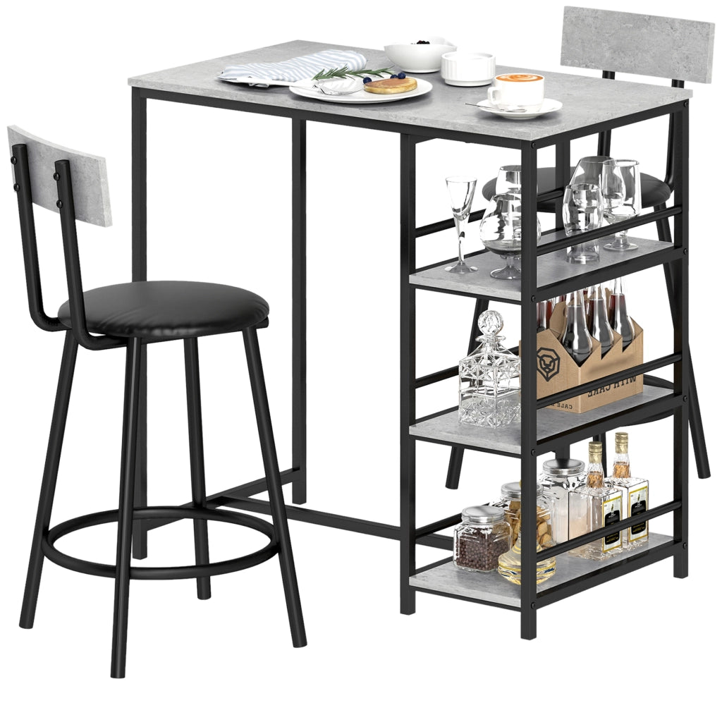Set da Pranzo 3 Pezzi con Bancone Bar con Ripiani e 2 Sedie Alte con Schienale, Grigio Chiaro