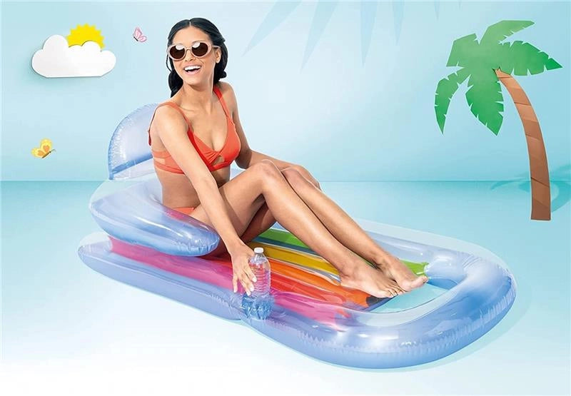 GONFIABILE A FORMA DI POLTRONA ABBRONZANTE 160X85 CM CON SCHINALE E POGGIATESTA + PORTABOTTIGLIA COLORI ASSORTITI
