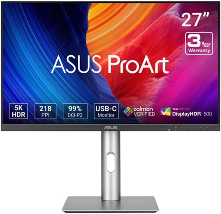 ASUS ProArt PA27JCV Display 27", 5K Ultra HD IPS (5120x2880), HDMI, DisplayPort, Hub USB, Accuratezza del Colore ΔE < 2, 100% sRGB, Nero e Argento