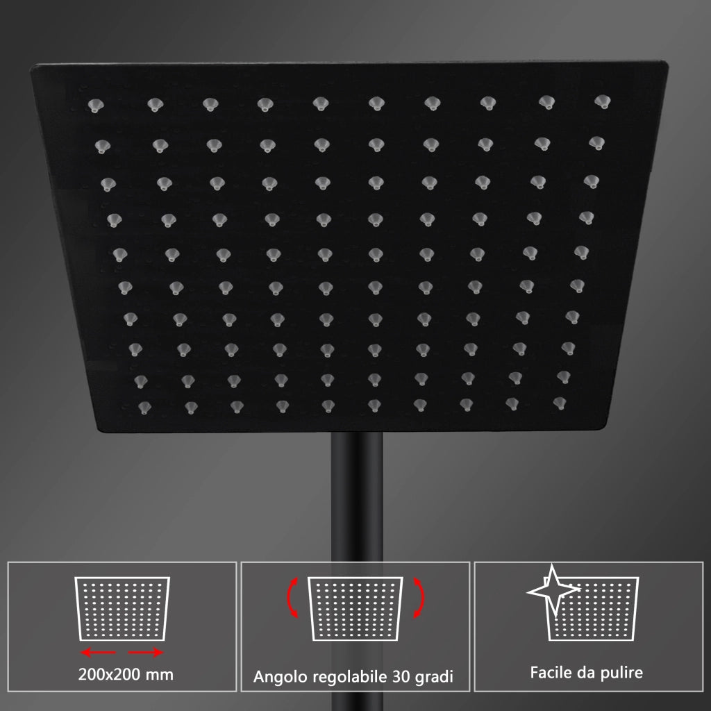 Colonne doccia nero, soffione doccia quadrato 20x20cm acciaio inox, saliscendi doccia tondo regolabile 72-120cm