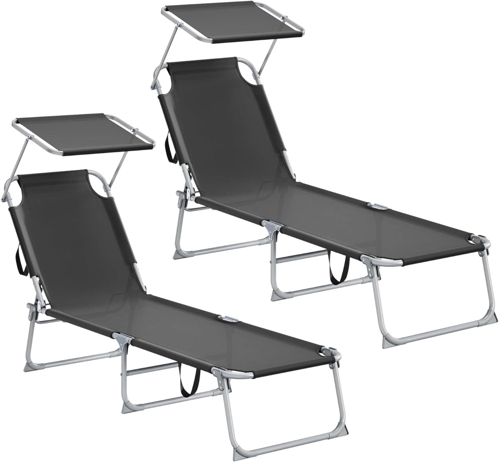 SONGMICS Sedie a Sdraio Pieghevoli, 189 x 53 x 28,5 cm, Lettini Prendisole, Portata 110 kg Ciascuno, Parasole e Schienale Regolabili, per Terrazza e Balcone, Set da 2, Grigio GCB294GZ02
