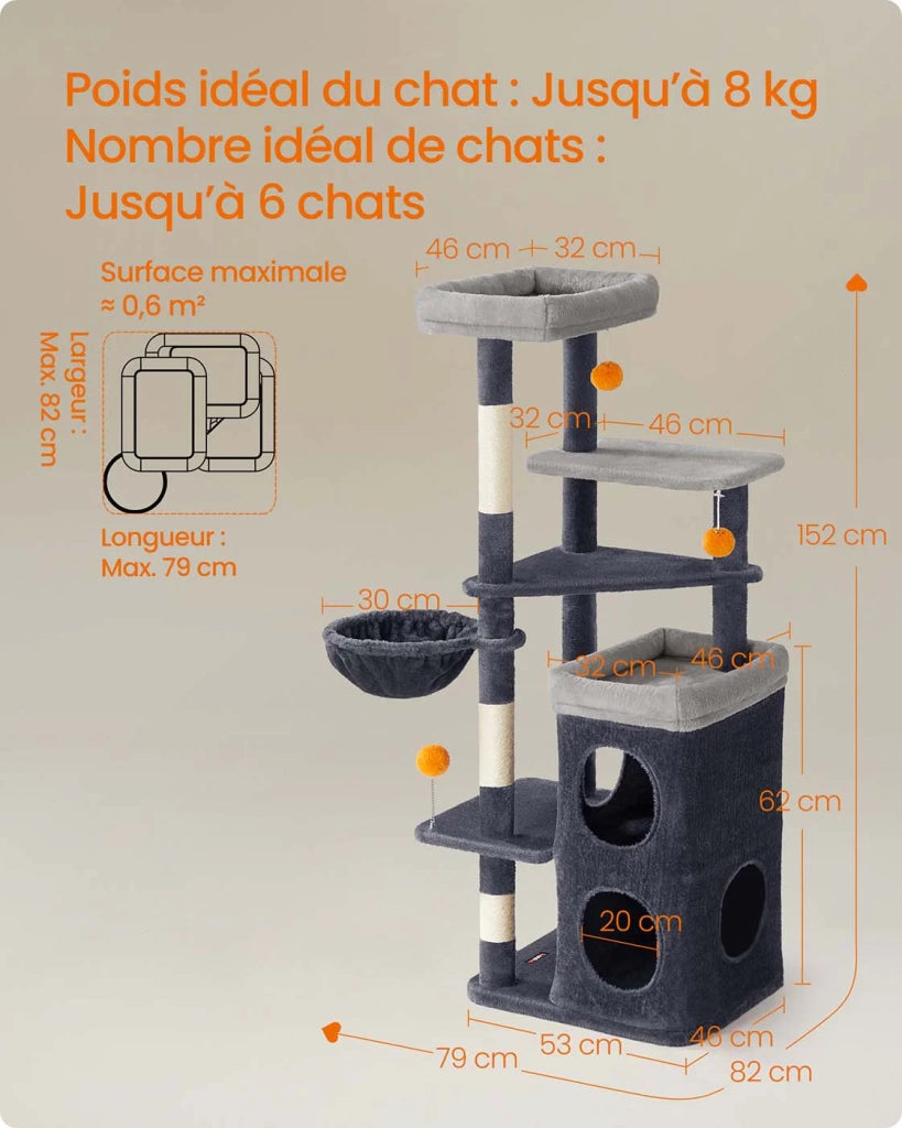 Tiragraffi per gatti altezza 152 cm torre gioco multilivello con 2 grandi cubbie 1 amaca 3 tiragraffi 3 piattaforme grigio 12_0007974