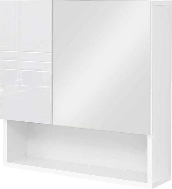 Cassettiera da bagno con porta specchio - Cassettiera con apertura a vetro - Scomparti regolabili - Bianca - 54 x 15 x 55 cm