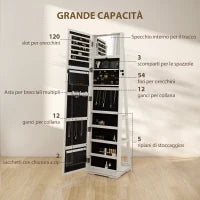 Specchio Portagioie Girevole per Camera da Letto con 2 Chiavi, in Legno Bianco e Vetro, 38x38x160 cm