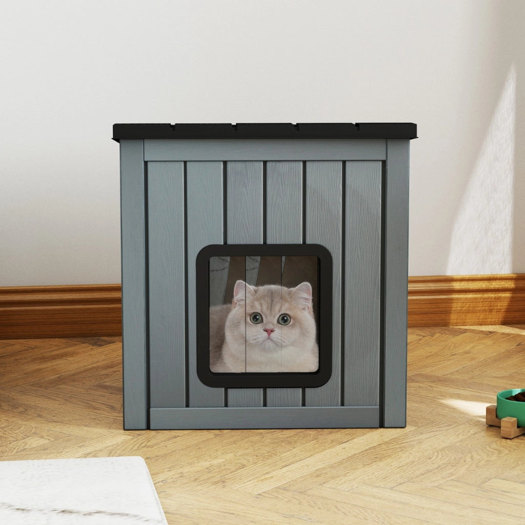 Cuccia rifugio isolato per interni ed esterni con 2 porte in pvc e tetto inclinato, Cuccia per animali domestici per gatti Grigio-Casette e lettini