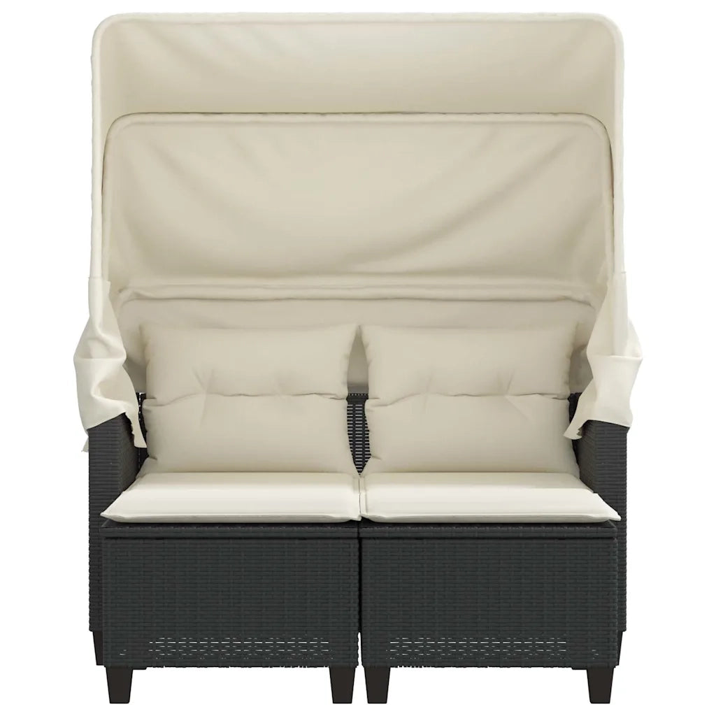 Divano Giardino 2 Posti Baldacchino e Sgabelli Nero Polyrattan 365780