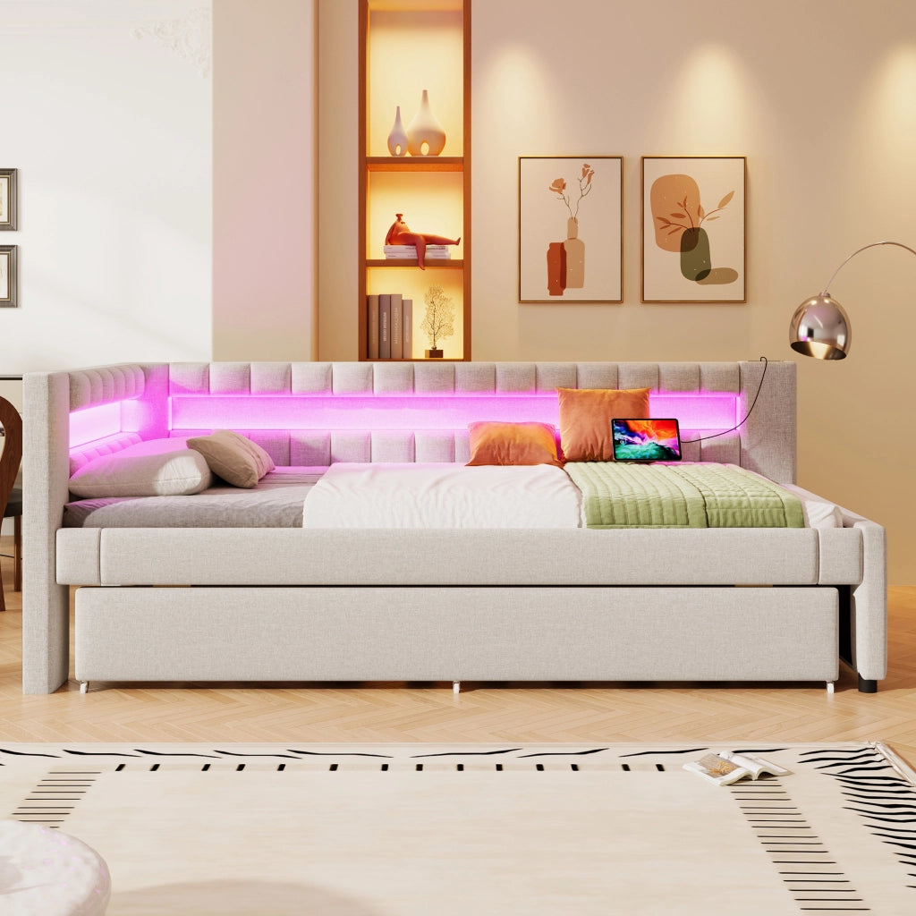Letto estraibile singolo 90×200 cm con LED; USB e Type-C; senza materasso; lino; beige