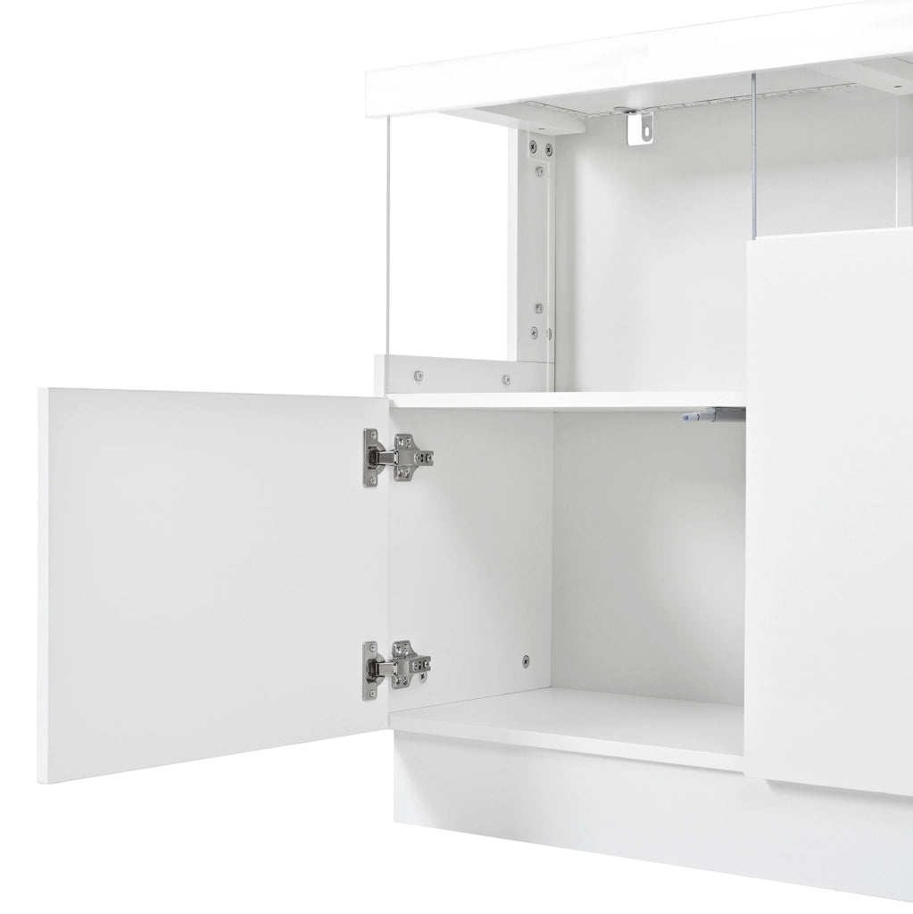 Credenza 140x36x80 cm in truciolare e MDF bianca con LED via app e vetrina