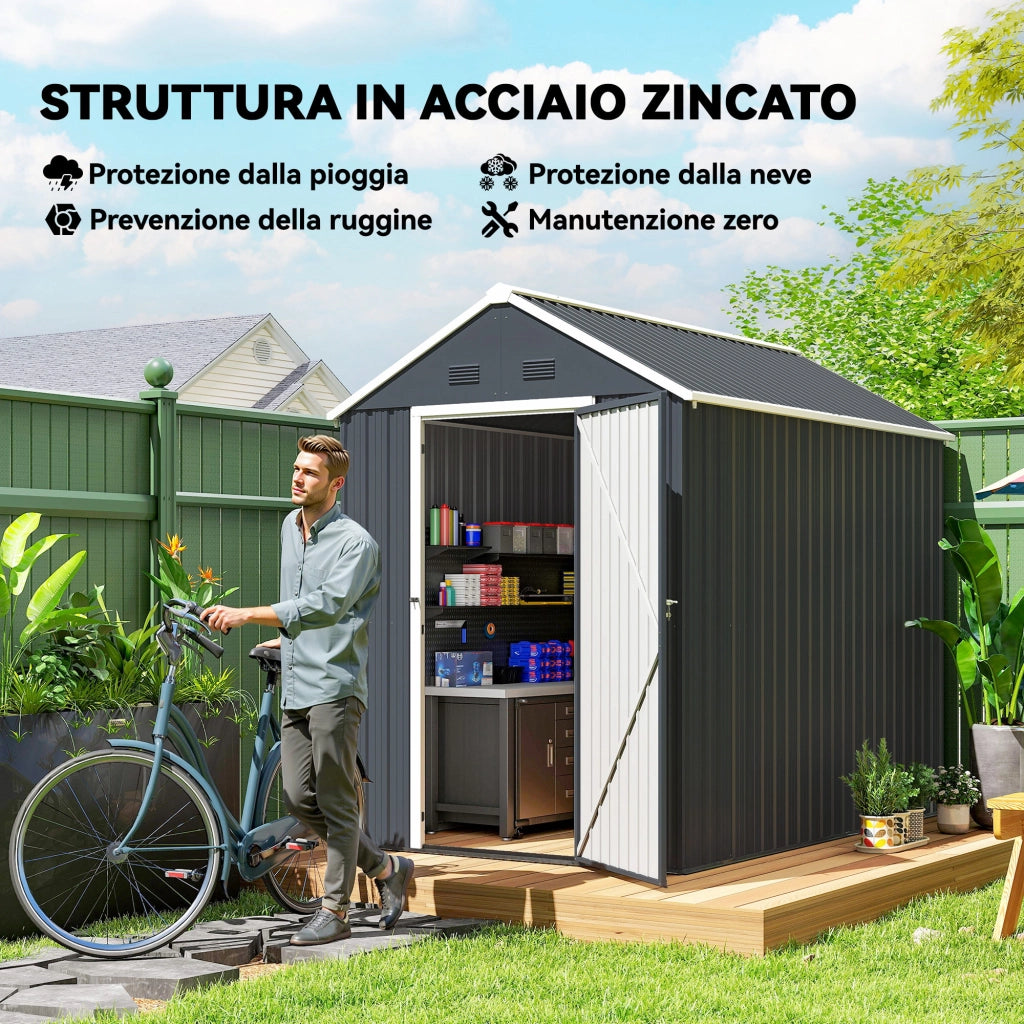 Casetta da Giardino Porta Attrezzi ¨C zephmum ¨C Acciaio Zincato e PP, Grigia e Bianca, 259x172x222 cm