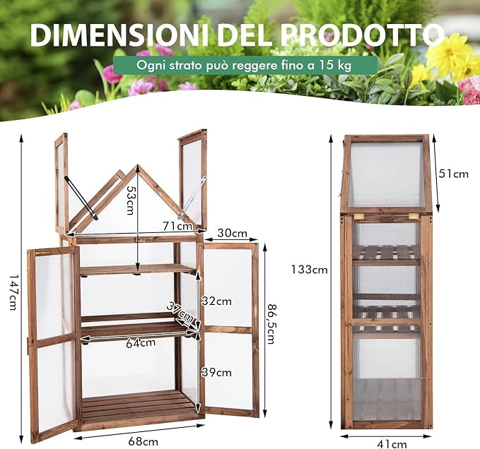 Mini Serra da Giardino in Legno a 3 Livelli, Serra da Giardino con Coperchio Apribile, Ripiani Rimovibili, Serra a Forma di Casetta da Interno ed Esterno, 71 x 41 x 133 cm