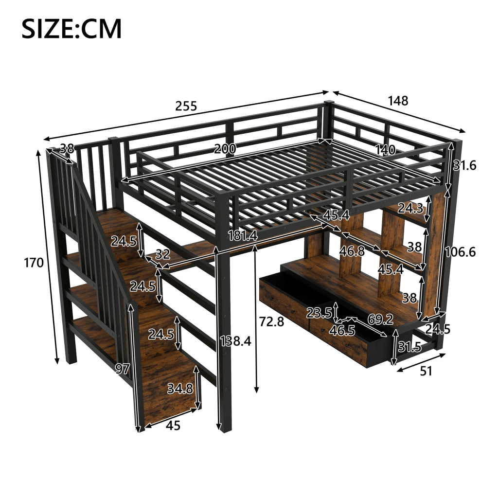 Letto a soppalco 140 × 200 cm con scrivania ripiani due cassetti scala contenitore LED in metallo e MDF nero