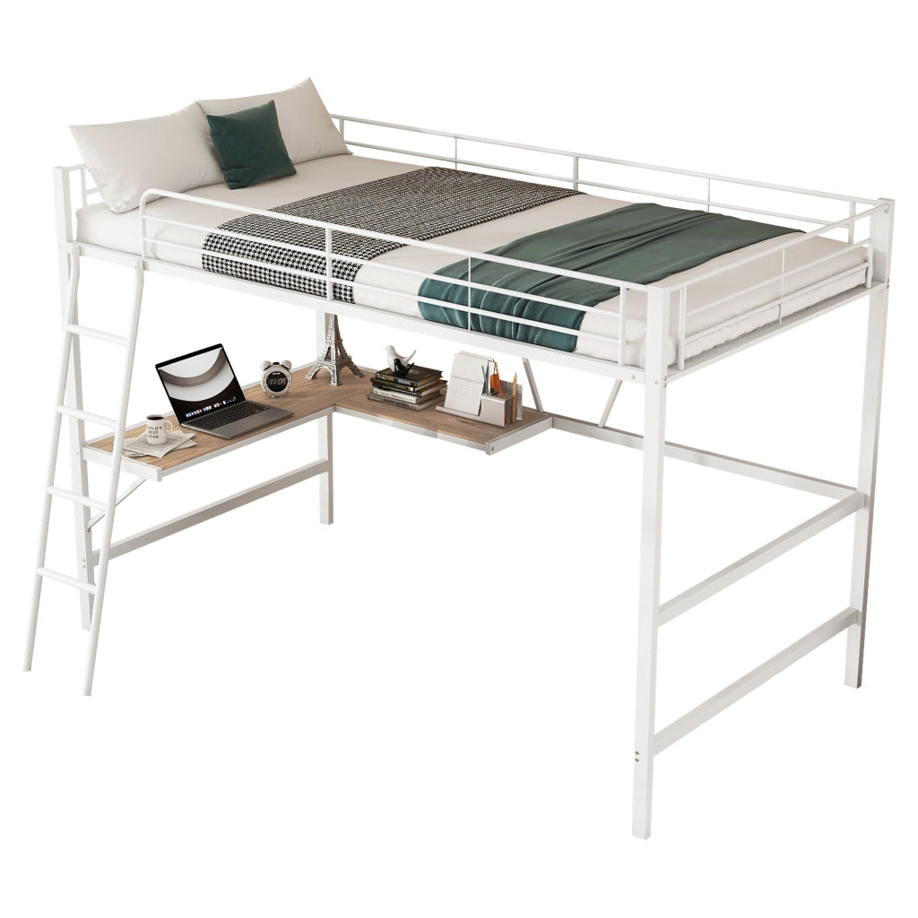 OKWISH Letto a Soppalco 90×200 cm, Letto Singolo con Scrivania a L, Scaffali e Scala, senza Materasso, in Metallo, Bianco