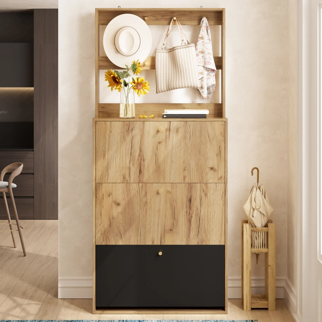 Scarpiera, mobile da ingresso con ganci, 75 x 180 x 24 cm, color legno naturale e nero