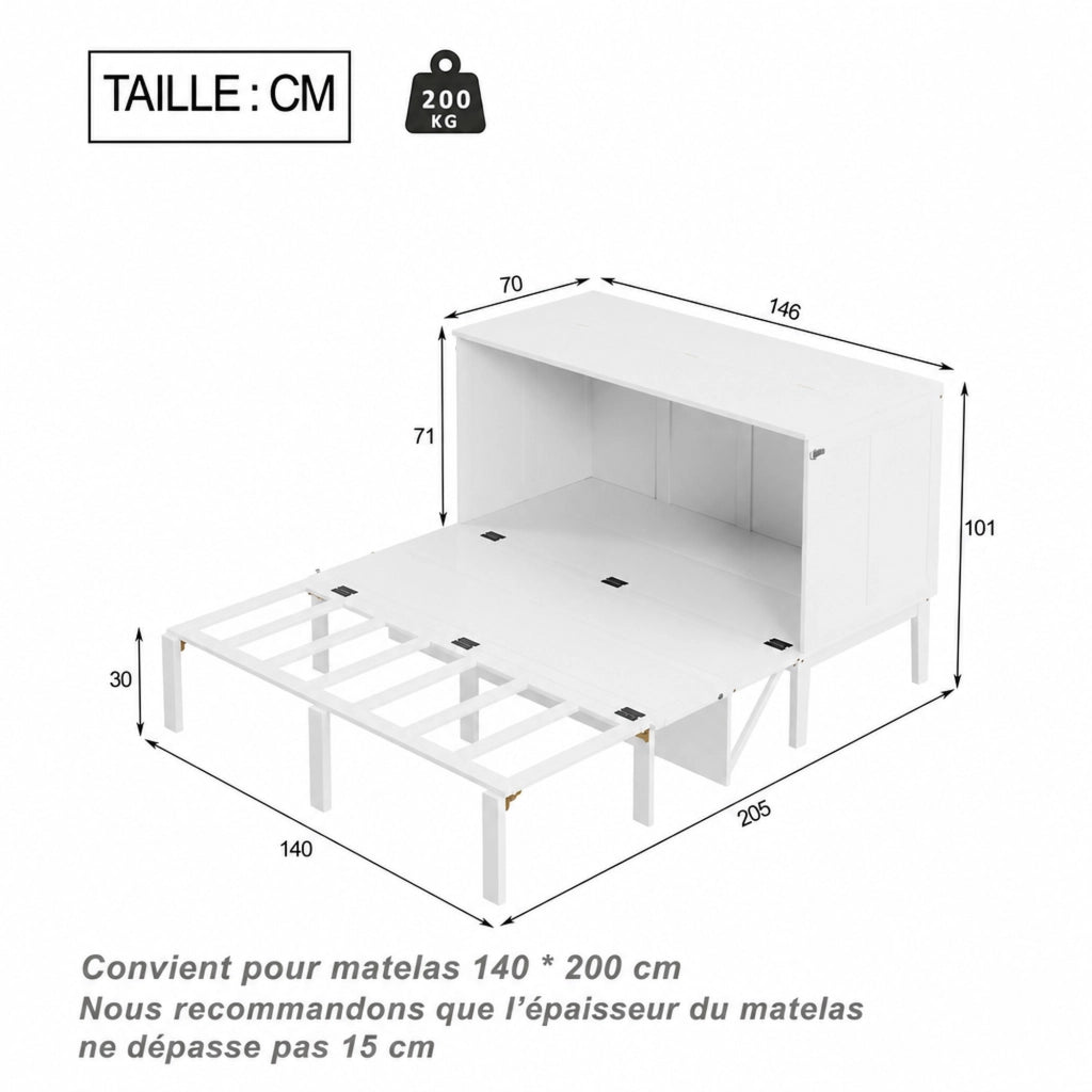 DESMIU Letto a scomparsa 2 posti con vani portaoggetti e funzione consolle 140 × 200 cm, senza materasso, bianco