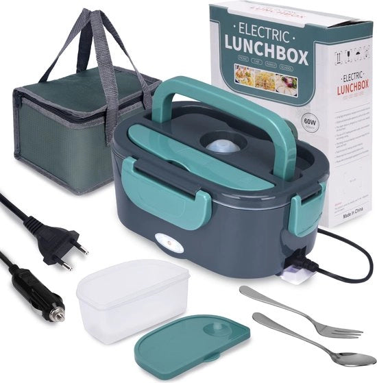 Lunchbox elettrica 3 in 1, 60W, 1,5L, riscaldatore alimentare auto, contenitore in acciaio inossidabile, 12V/24V/220V, riscaldatore portatile per bento 60W con forchetta e cucchiaio.