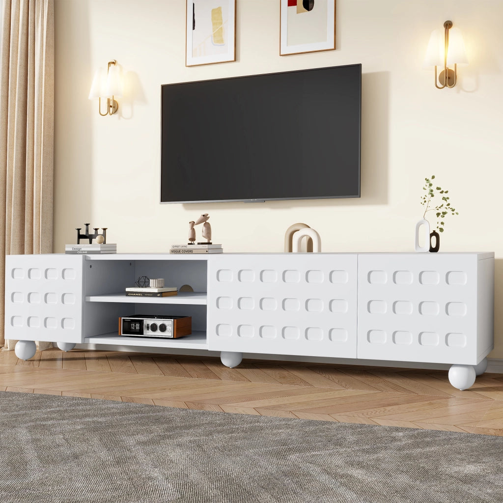 Mobile porta TV per televisore fino a 80 pollici con 3 ante e 2 vani semiaperti per soggiorno bianco 200 × 40 × 44 cm