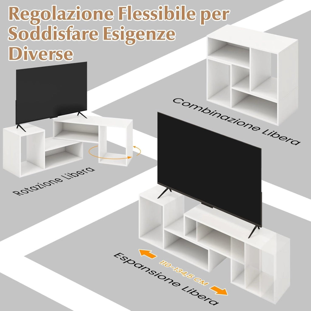 Mobile Porta TV Combinabile a 2 Pezzi, per TV Fino a 60'', Mobile TV a Angolo Soggiorno in Legno, con 4 Vani Aperti, Tavolo Media TV Multifunzionale, per Soggiorno, Camera da Letto (Bianco)