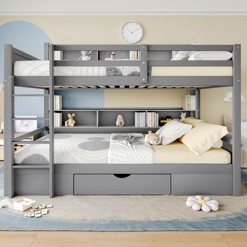 Letto a castello 90x200 cm con cassetto e vani portaoggetti; pino e MDF; grigio (Senza materasso)