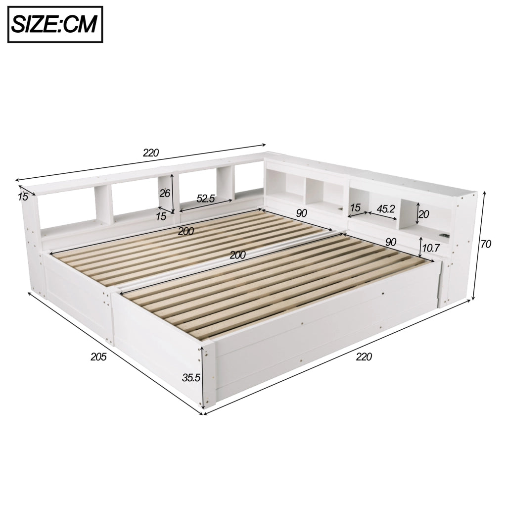 Letto multifunzione 90/180x200 cm bianco con prese integrate; LED e contenitore
