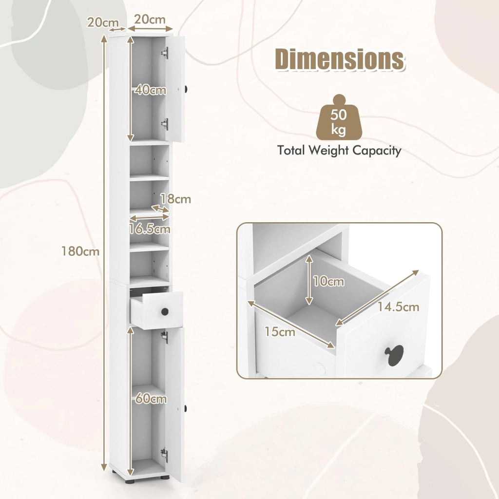 Scaffale Bagno Colonna 20 x 20 x 180 cm, Armadio da Bagno Sottile con Cassetto, 2 Ante e 4 Ripiani Aperti, Armadio per Bagno e Soggiorno