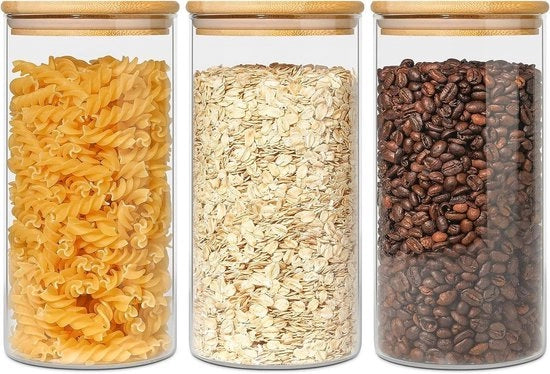 Poteri aerei 900ml con coperchio in bambù set da 3 contenitori in vetro borosilicato con gomma per sigillatura - contenitori trasparenti per la conservazione di cibo pasta e polveri