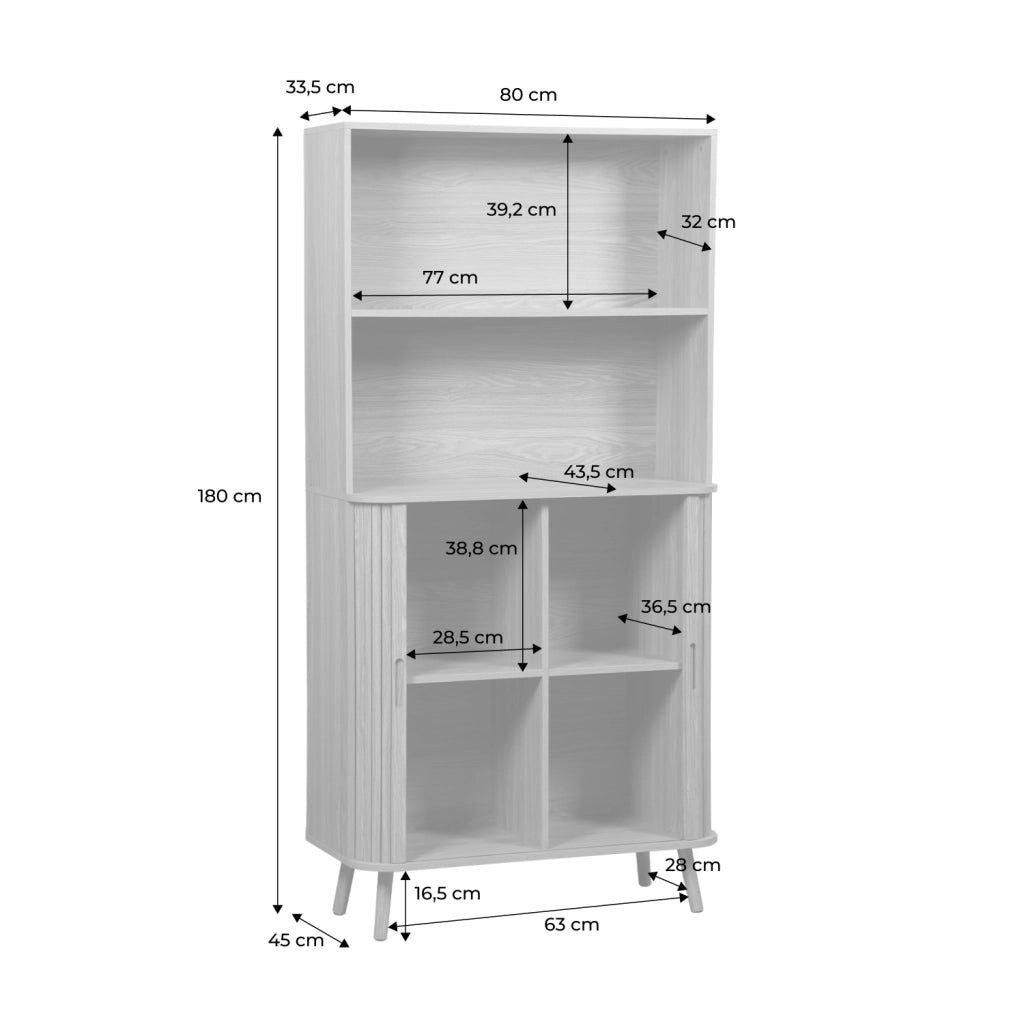 Libreria in legno scanalato con 2 ante scorrevoli a 4 livelli, noce