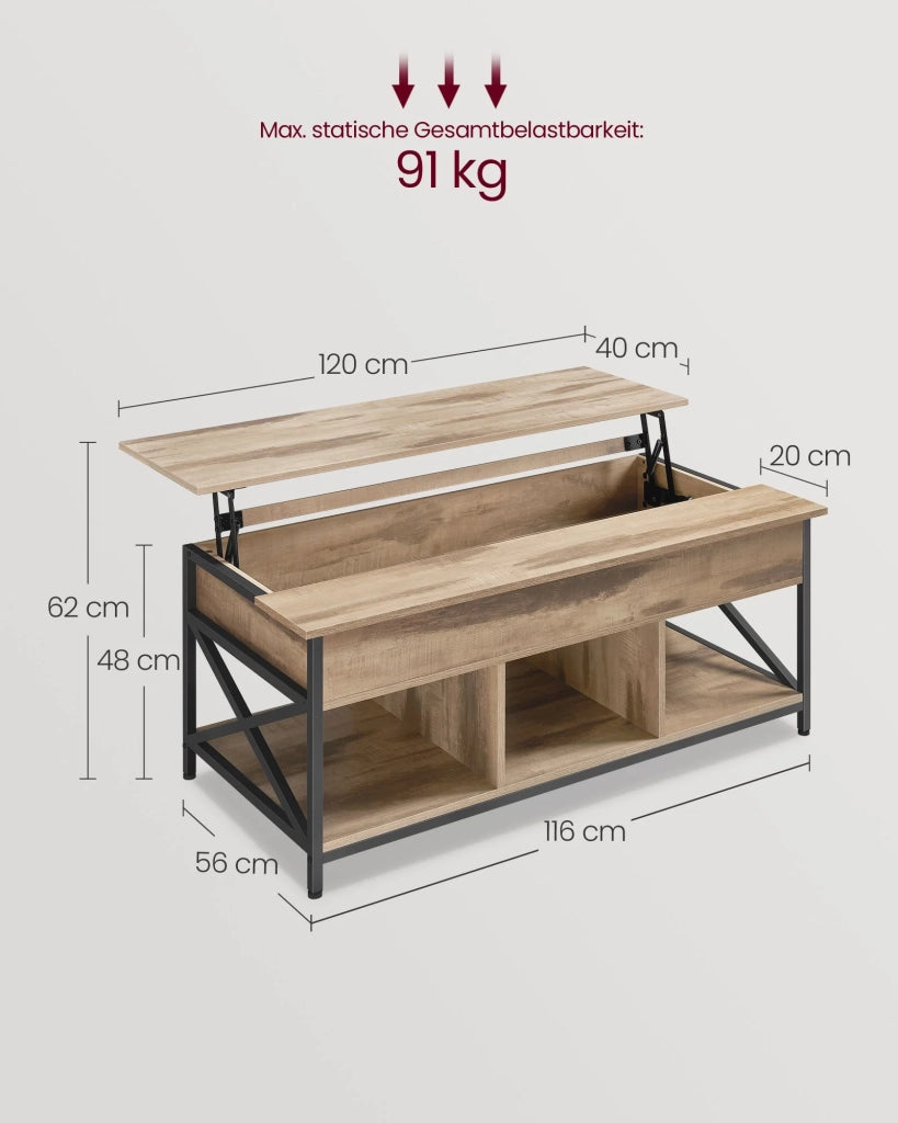 Tavolino da caffè/tavolo da soggiorno con piano sollevabile 60 x 120 x 62 cm con vano portaoggetti aperto e scomparto nascosto marrone 12_0007477