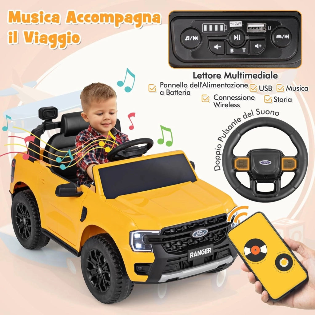 Ranger Auto Elettrica 12V per Bambini, con Telecomando, USB, Clacson, 2 Modalità di Guida, Connessione Wireless, Partenza Progressiva, per Bambini da 3 a 6 Anni