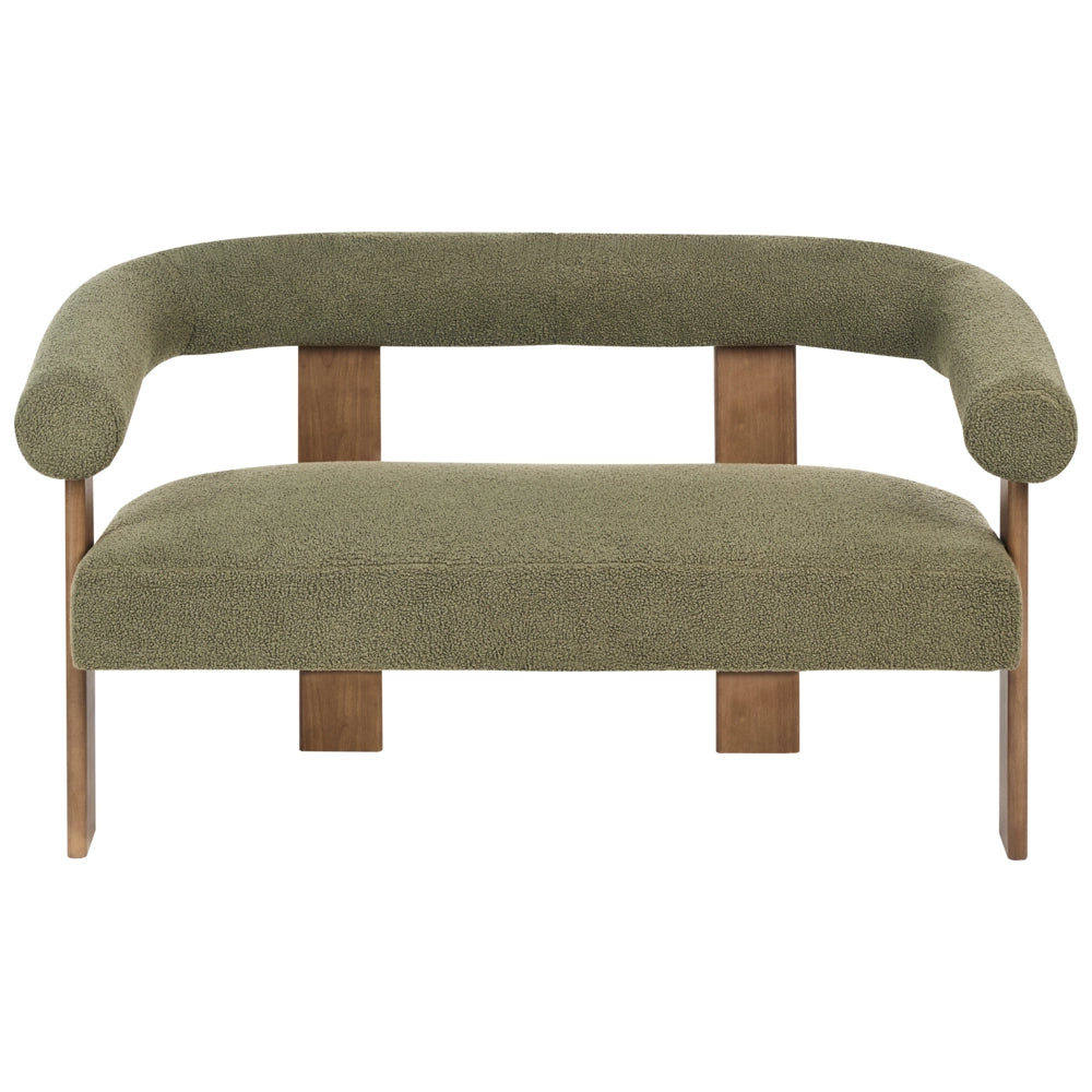 Set da salotto divano a 2 posti poltrona imbottita bouclé verde e marrone scuro stile retrò soggiorno