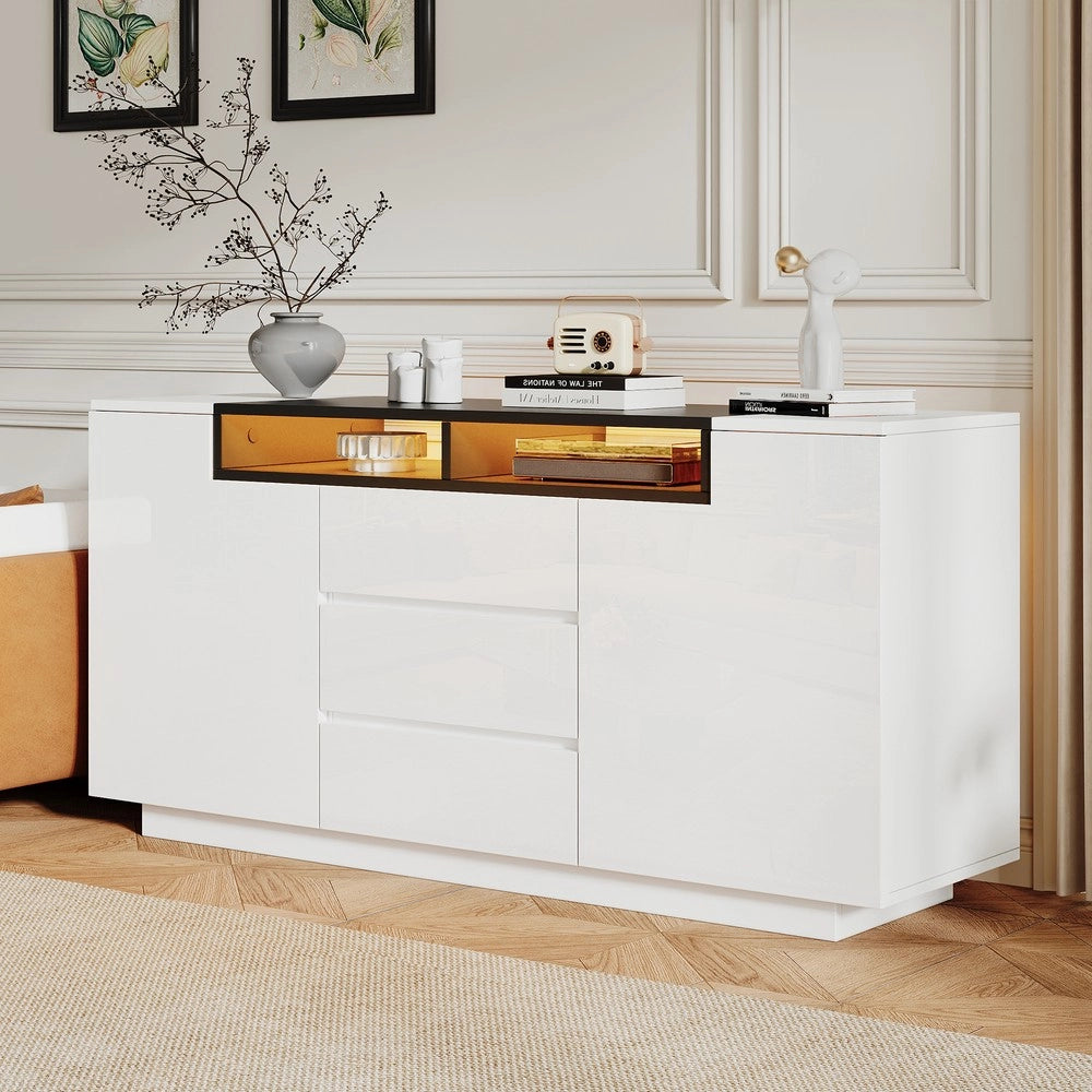 Mobile Credenza Soggiorno con LED e Cassetti ¨C MINIMAL ¨C Bianco/Nero Lucido 140x40x68
