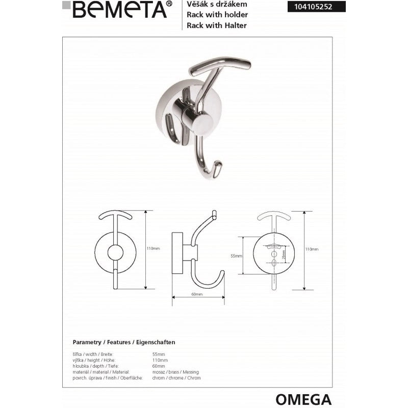 Gancio doppio gancio OMEGA ottone cromato 5,5x11x6cm