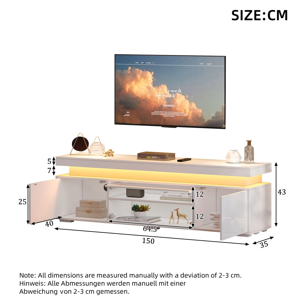 Mobile TV freestanding 150x35x43 cm con 3 ante e LED; bianco
