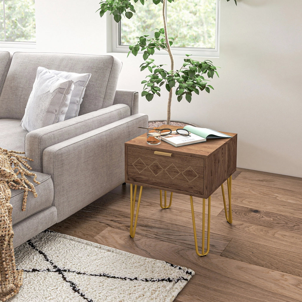 Comodini Set 2 Pezzi con Cassetto ¨C Zephmum ¨C Truciolato e Acciaio, Marrone e Oro, 39.5x41x49 cm