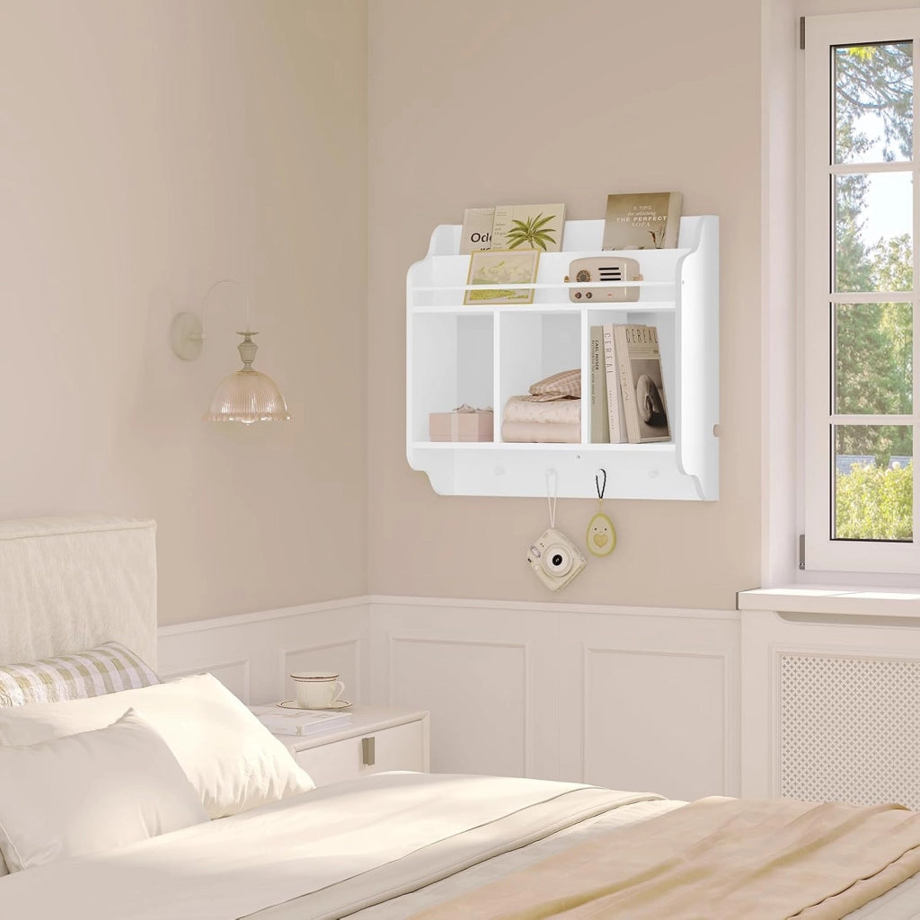 Scaffale per Bambini, Scaffale a Muro per Libri, Scaffale a Muro per Libri, Unità di Archiviazione con 3 Cubi Aperti, 4 Pomelli per Appendere, Mobili per Asilo Nido, Bianco