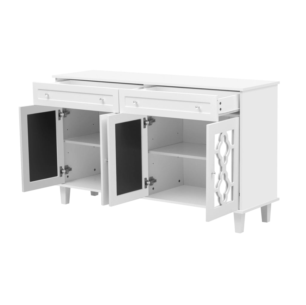 Sideboard in MDF bianco con quattro ante a specchio, ripiani regolabili e due ampi cassetti