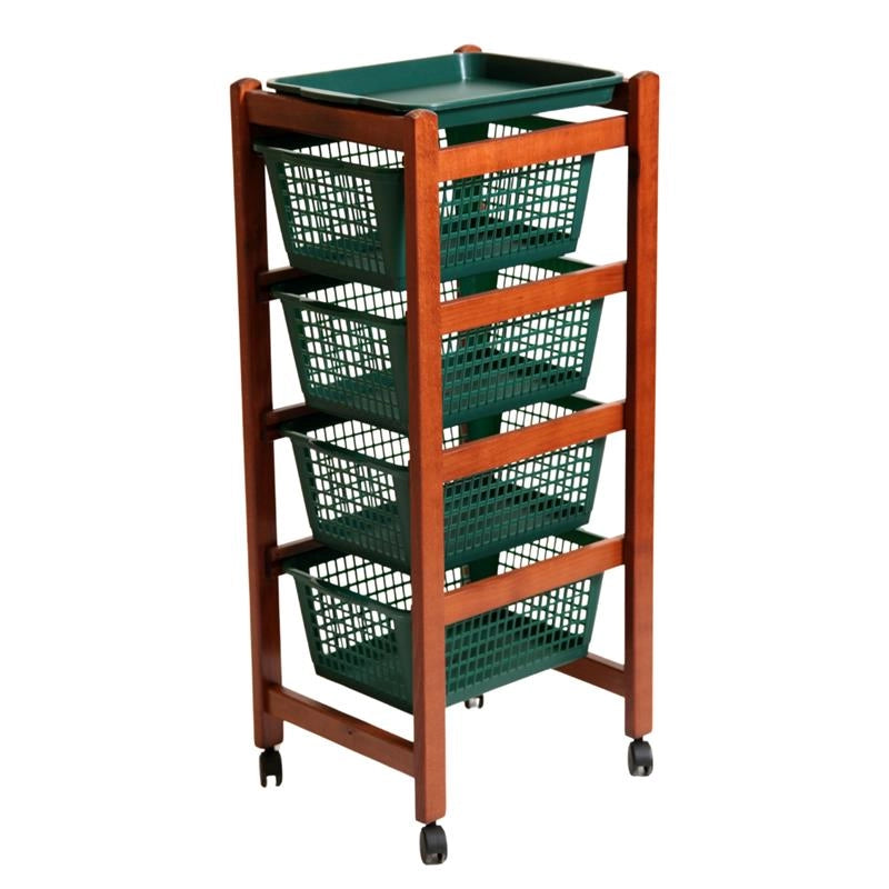 CARRELLO JOLLY CILIEGIO IN FAGGIO 4 CESTINI IN PLASTICA ESTRAIBILI RUOTE IN PLASTICA VERNICIATO CON IMPREGNANTE A BASE D'ACQUA OKX