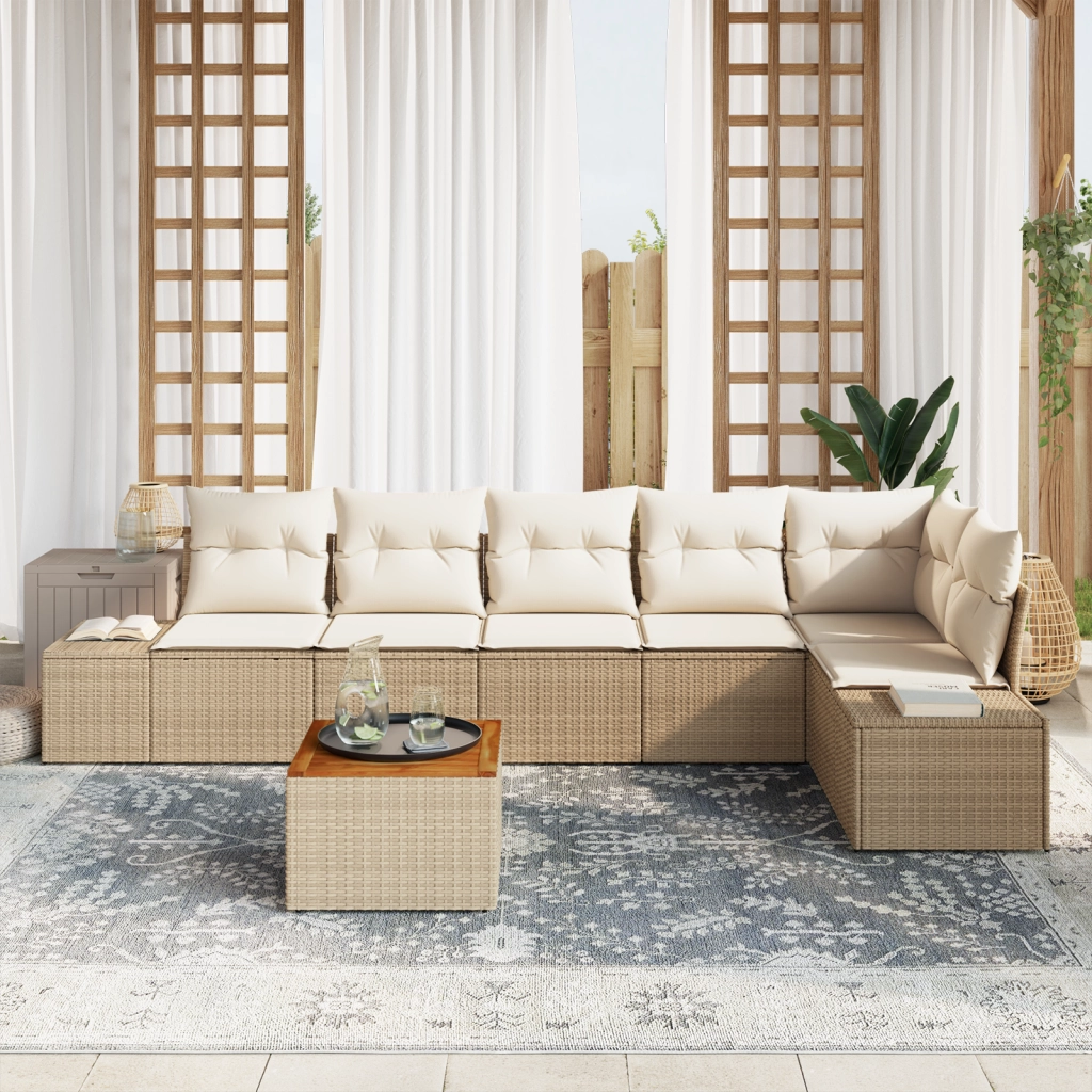 Set di divani da giardino 7 pezzi con cuscini beige in polyrattan e acacia