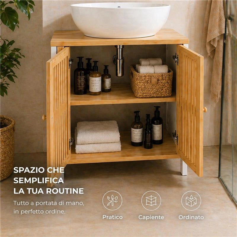 MOBILE SOTTOLAVABO IN LEGNO BIANCO CON 2 ANTE IN BAMBOO DIMENSIONI 60X30X70 CM