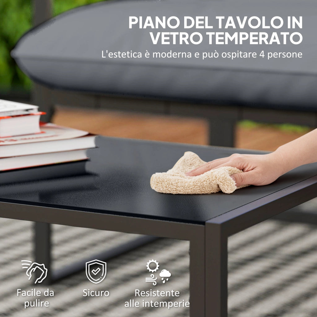 Set da Giardino 4 Pezzi con Divanetto, 2 Poltrone e Tavolino, in Acciaio, Poliestere e Cotone PP, Nero e Grigio