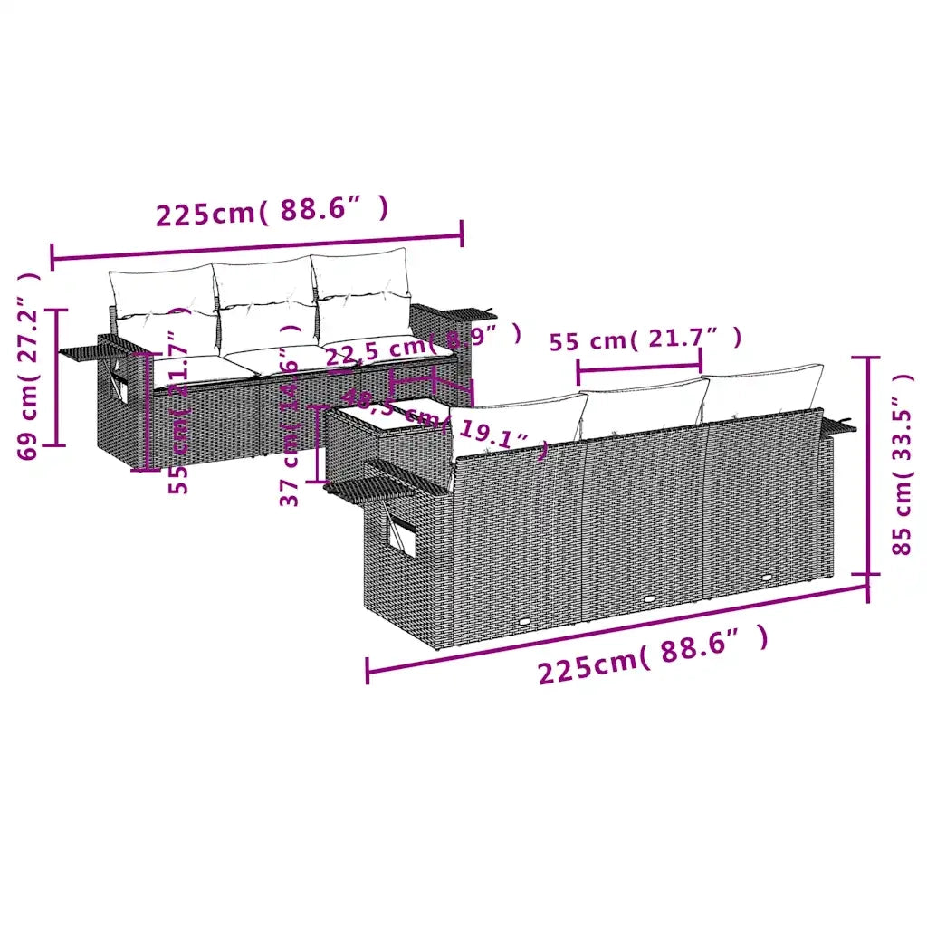 Set Divani da Giardino 7 pz con Cuscini Marrone in Polyrattan