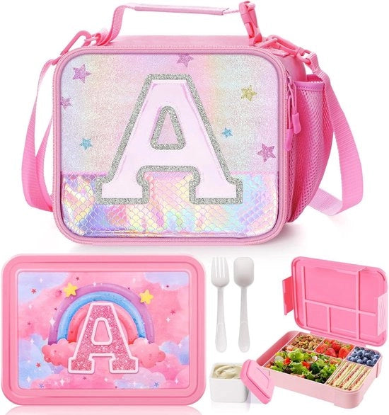 Borsa isolante per picnic per bambini - 2 pezzi di borsa per pranzo personalizzata con contenitore bento per bambine - 6 compartimenti, posate e contenitori per pranzo impermeabili